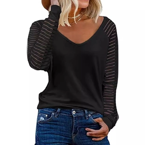Women's black V-neck long sleeve top with sheer mesh striped sleeves and casual loose fit