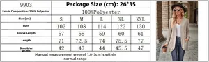 Size chart for women's long sleeve knit cardigan with detailed measurements and materials