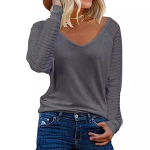 Women's V-neck long sleeve top with stylish grey fabric and striped mesh patchwork sleeves