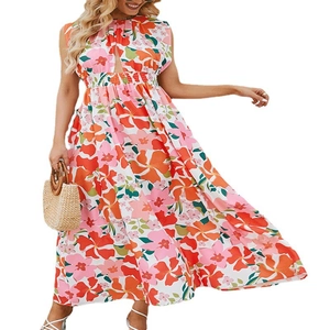 Floral halter neck sleeveless maxi dress with waist cinching and vibrant summer print