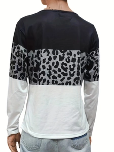 Back view of a women's slim-fit long sleeve t-shirt with leopard print patchwork details
