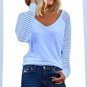 Women's light blue V-neck long sleeve top with transparent striped patchwork details