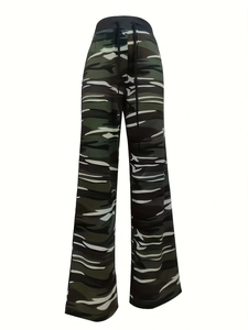 Detail of camouflage print wide leg pants with elastic waist and black drawstring