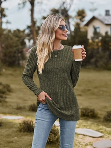 Olive green ribbed knit long sleeve T-shirt for women in a slim fit casual style