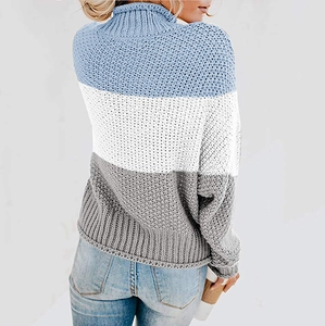 Rückansicht des grob gestrickten Rollkragenpullovers mit dreifarbigem Patchwork-Design im Detail