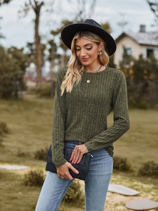 Close-up of olive green long sleeve ribbed knit shirt with slim fit round neck style