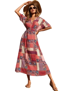 Bohemian V-neck maxi dress with geometric paisley print and high waist for summer beach vacation