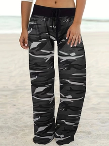 Women's wide leg camouflage drawstring pants with grey and black printed patterns