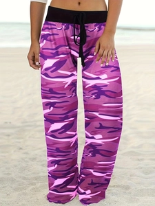 Women's purple camouflage print trousers with black drawstring waist for casual beachwear