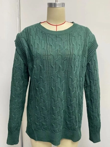 Close-up of green cable knit sweater showing thick texture and ribbed cuffs