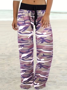Women's casual camo wide leg pants with purple camouflage print and drawstring waist