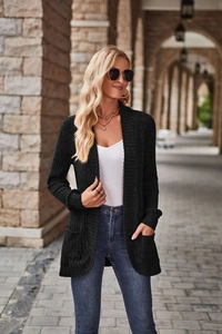 Detail of black ribbed knit cardigan featuring open front design and side pockets