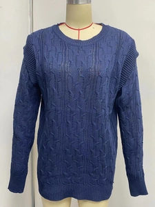 Detail view of navy blue cable knit texture and round neckline on a thick winter sweater