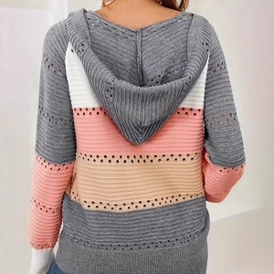 Women's V-neck striped hooded knit sweater with pointelle texture and color-block design