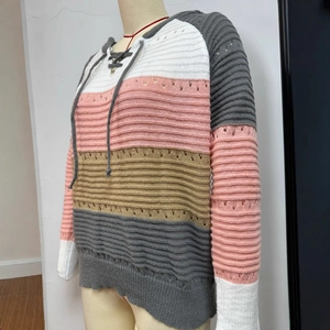 Women V-neck striped hooded knit sweater with patchwork colors and cutout textures