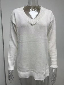 Detail shot of the V-neckline and ribbed knit texture on a white long sleeve sweater