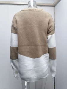 Detailed back view of a loose-fitting khaki and white striped knit sweater for autumn