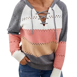 Women's V-neck striped hooded knit top with hollow out details and color block design