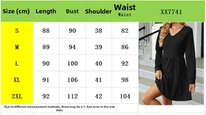 Detailed size chart for V-neck long sleeve dress showing measurements from S to 2XL