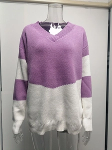 Detail of V-neckline and color-block knit pattern on this loose purple sweater