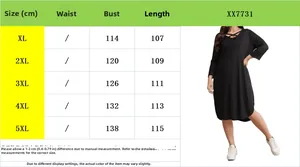 Size guide for plus size women dress XL to 5XL with bust and length in centimeters
