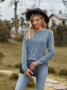 Close-up of gray-blue ribbed knit long sleeve tee with textured fabric detail