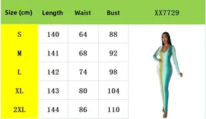 Detaillierte Größentabelle für figurbetontes Langarmkleid mit V-Ausschnitt und Maßen