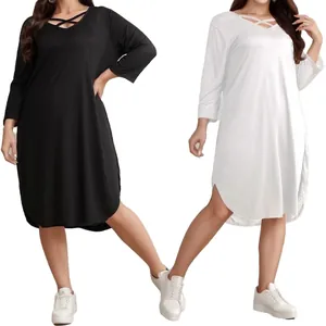 Women Plus Size Casual Long Sleeve Dress Solid Color V-Neck Crisscross High-Low Curved Hem Loose Midi Tunic Dress