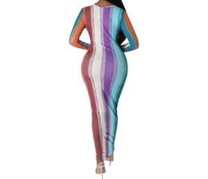 Eng anliegendes Langarm-Maxikleid mit lebhaften bunten vertikalen Streifen für Damen