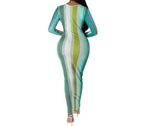 Elegantes langärmliges gestreiftes Bodycon-Kleid mit lebhaftem buntem Strickmuster