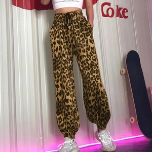 Pantalon sarouel imprimé léopard à taille haute pour femme avec cordon de serrage