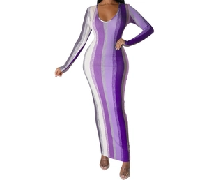 Damen Slim-Fit Maxikleid mit V-Ausschnitt und vertikalem Streifenmuster aus Rippstrick