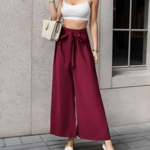 Pantalon Large à Taille Haute pour Femmes Élégant avec Lacet Couleur Unie Pantalon Palazzo Pantalon Long Décontracté Mode Printemps Automne