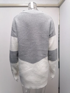 Detail of color-block knit sweater featuring gray and white V-shape pattern on the back