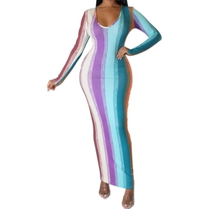 Damen Sexy Vertikale Streifen Langarm V Ausschnitt Figurbetontes Maxikleid Schlanke Passform Polyester Strick Bleistiftkleid
