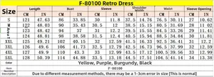 Size chart for women's vintage long dress including measurements from S to 5XL