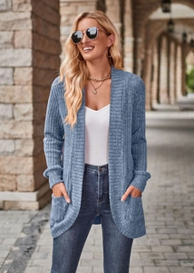 Detail of grey blue ribbed knit cardigan with side pockets and casual open front