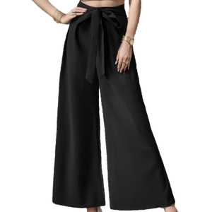 Pantalon large noir élégant pour femme avec taille haute et ceinture à nœud chic