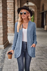 Women's long sleeve ribbed knit cardigan in mist blue featuring side pockets and open front