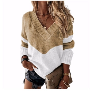 Women's V-neck colorblock loose knit sweater in khaki and white casual style