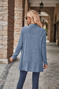 Detail view of the fog blue ribbed knit texture on a long-sleeve casual cardigan coat