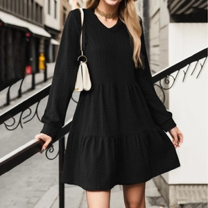 Women Casual V Neck Long Sleeve Tiered Mini Dress Solid Color Textured A-Line Loose Fit Autumn Spring Dress For Women