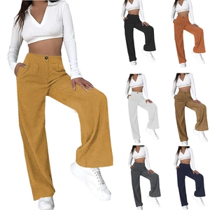 Women's High Waist Corduroy Wide Leg Pants Solid Color Loose Straight Trousers Casual Autumn Fashion Bottoms With Pockets