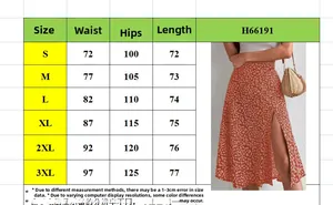 Detailed size guide table for this floral print side slit A-line midi skirt from S to 3XL