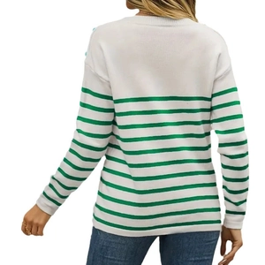 Women's long sleeve striped knit sweater with green horizontal stripes on back view