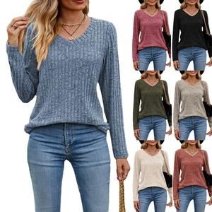 Camiseta Casual para Mujer con Cuello en V de Punto Acanalado Manga Larga Ajustada Mezcla de Algodón Otoño