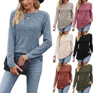Women's Casual Ribbed Knit Long Sleeve T-Shirt Round Neck Solid Color Soft Cotton Blend Autumn Basic Slim Fit Top
