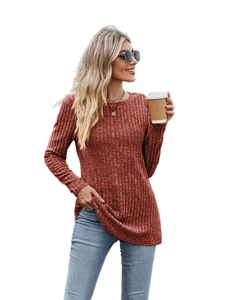 Women's crewneck ribbed long sleeve knit top in rust red with slim fit style