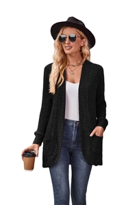 Women's black open-front long sleeve knit cardigan with ribbed texture and pockets