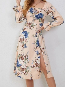 Women Floral Print Long Sleeve Square Neck Tie Waist Split Hem Midi Dress Elegant Chiffon Feel Vacation A-Line Flowy Dress